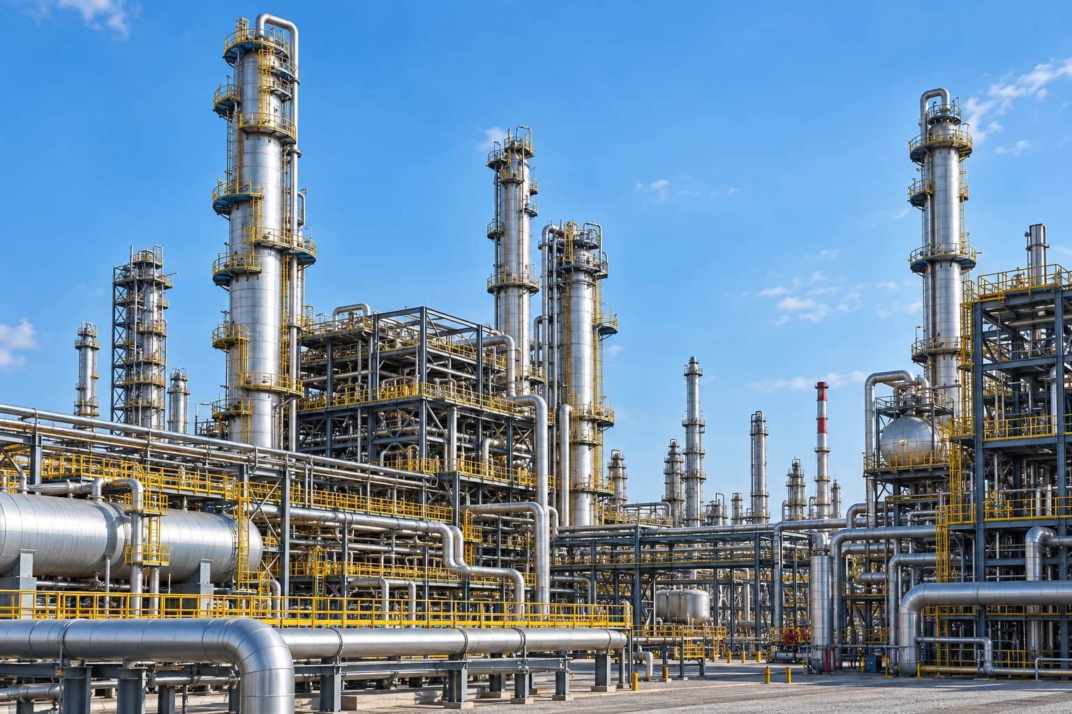Oil and gas refinery with towers and steel pipework