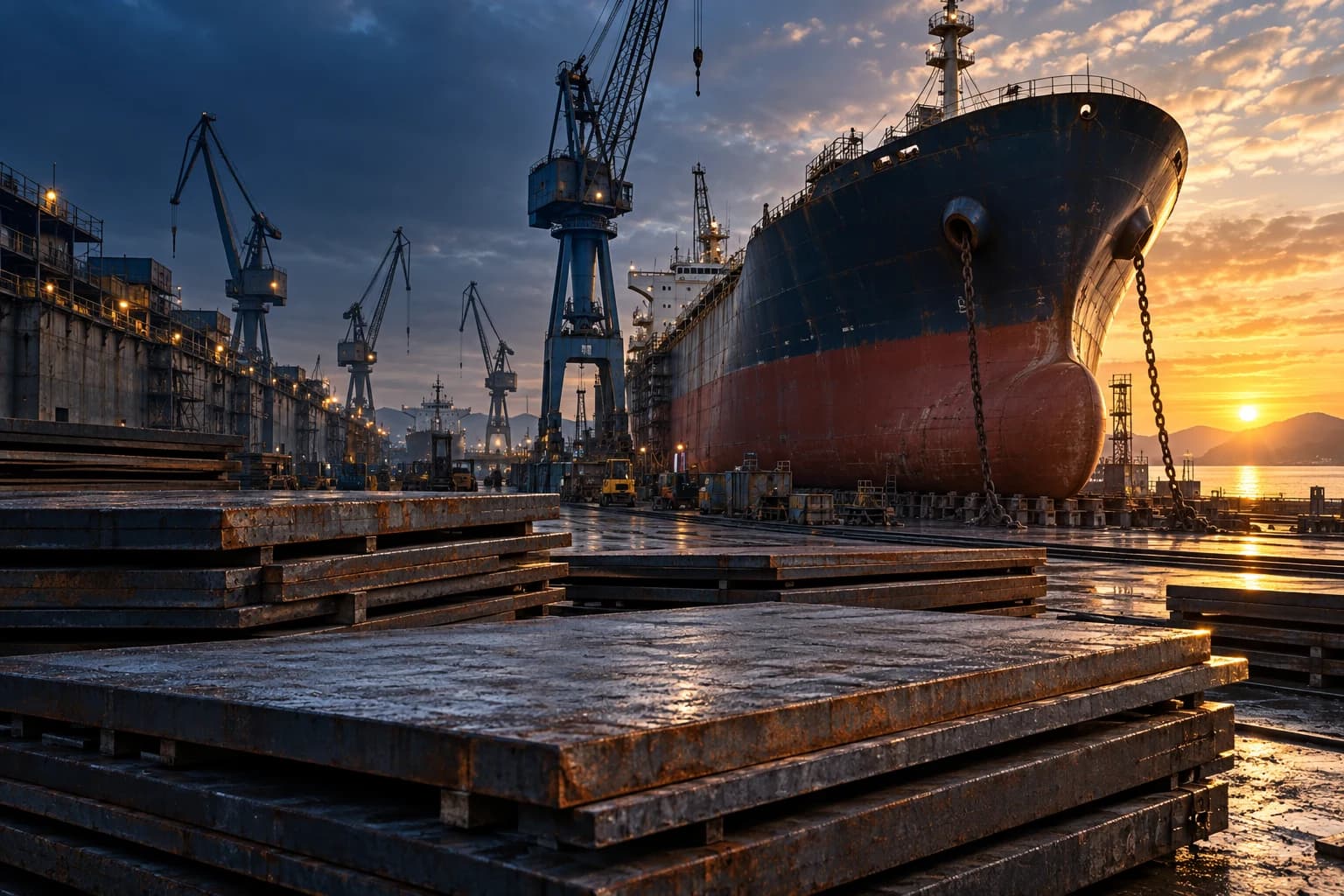 Cargo ship, dock cranes and stacked steel plates at a shipyard