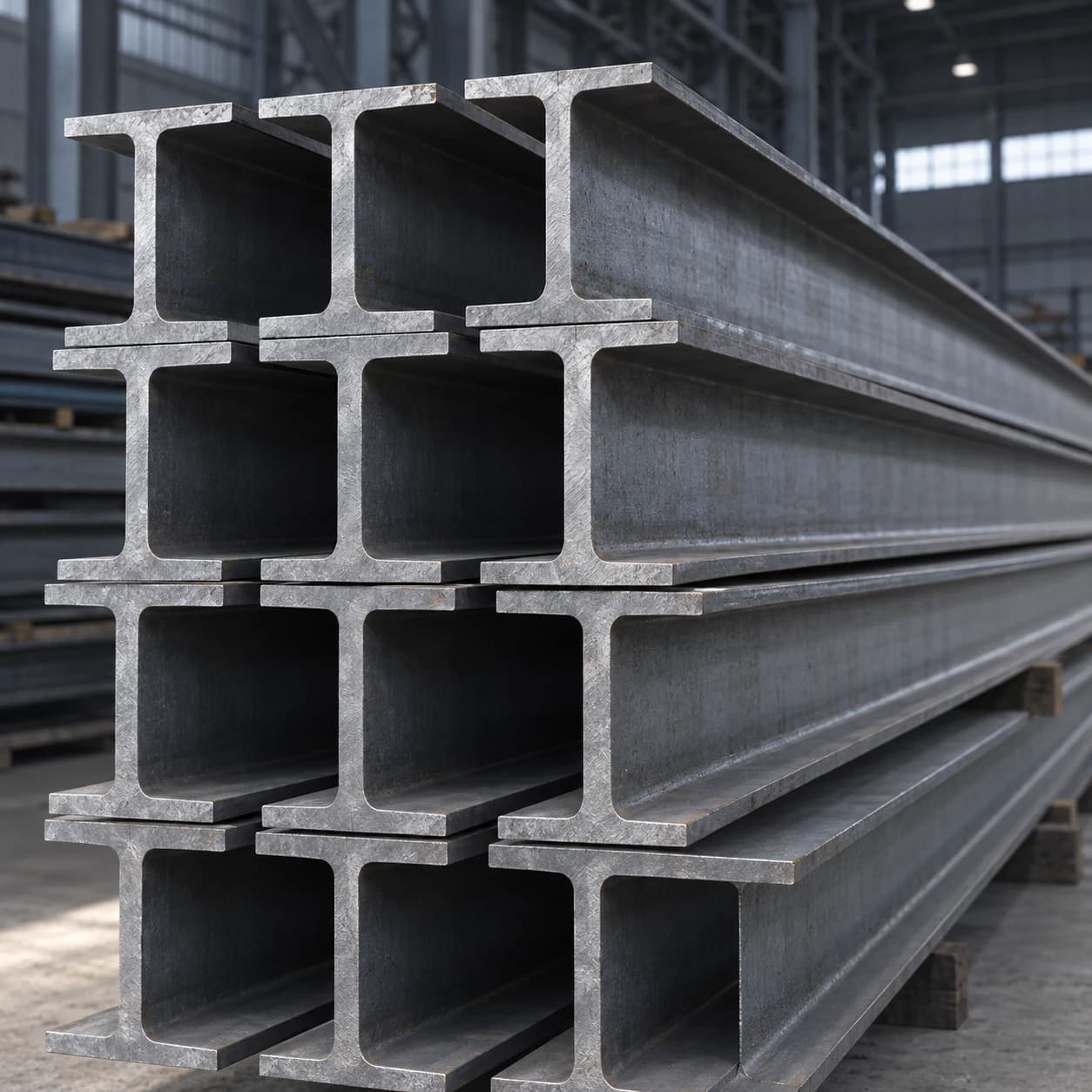 Stacked structural steel I-beams and H-beams