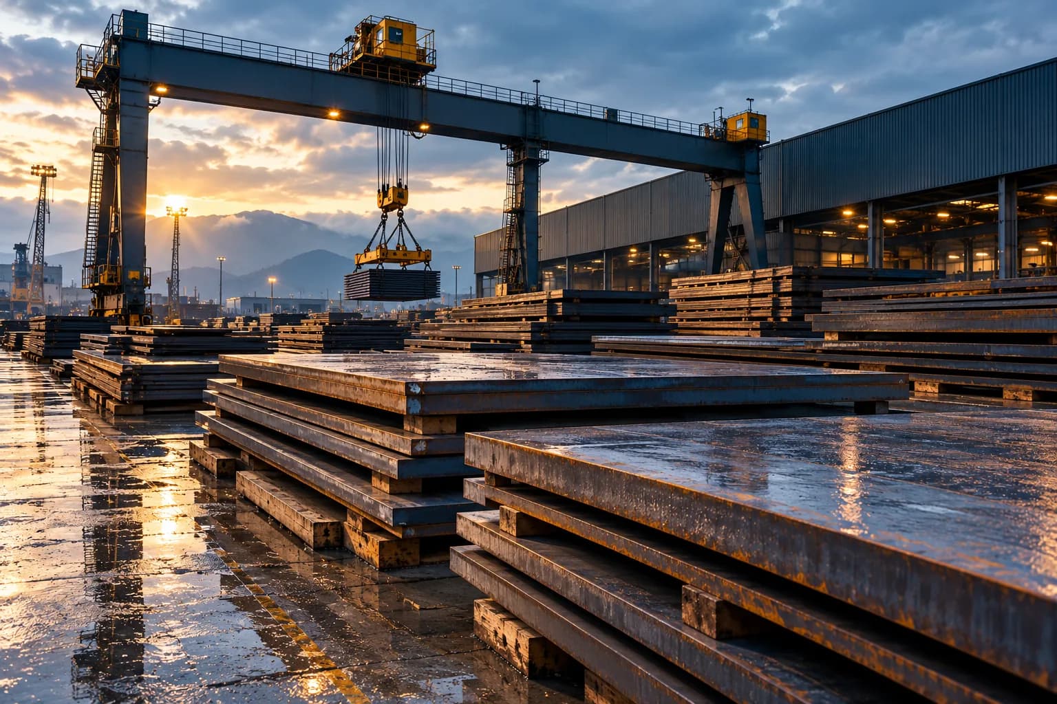 Steel plates stacked in a stockyard under a gantry crane