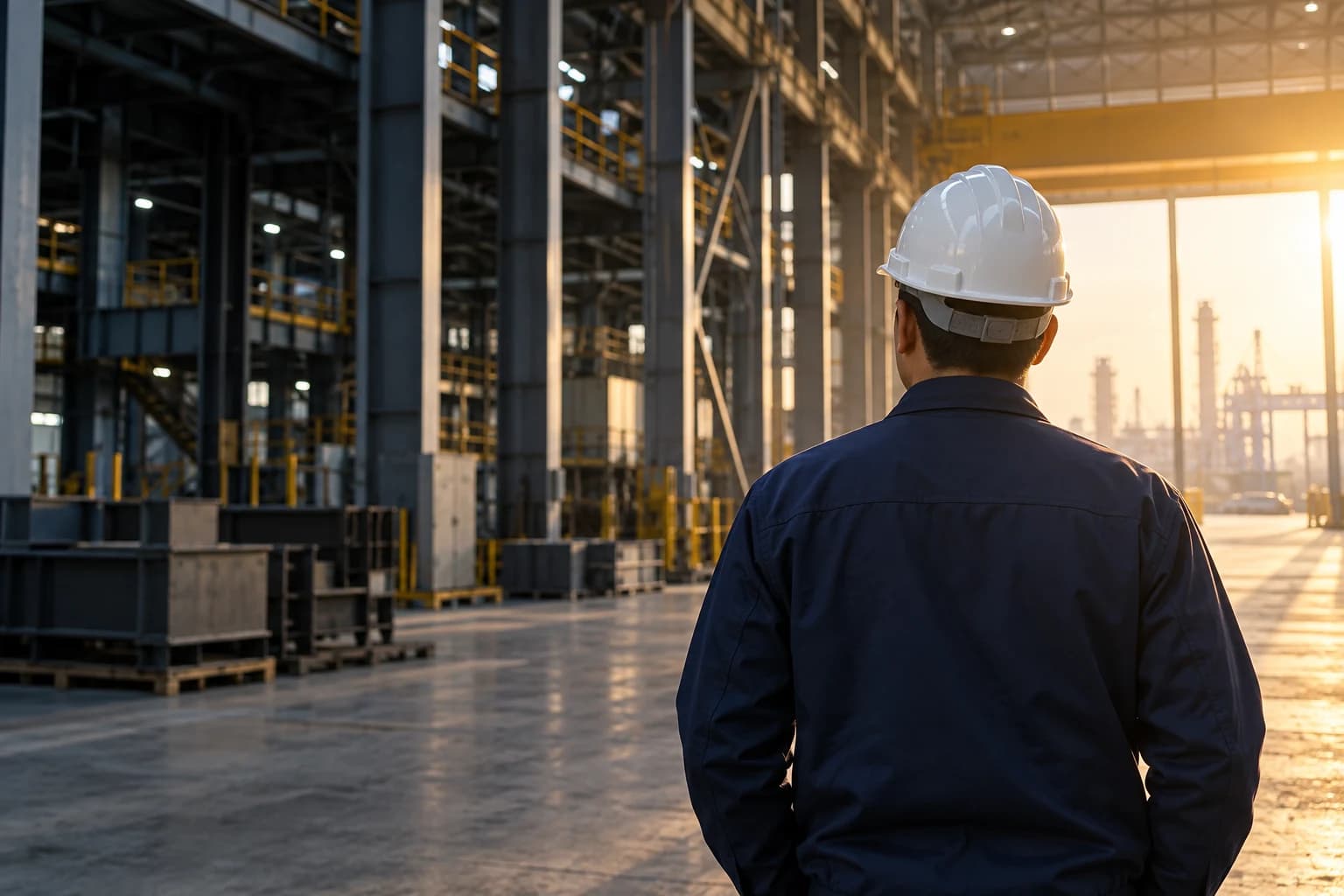 Engineer in a hard hat inside an industrial steel warehouse