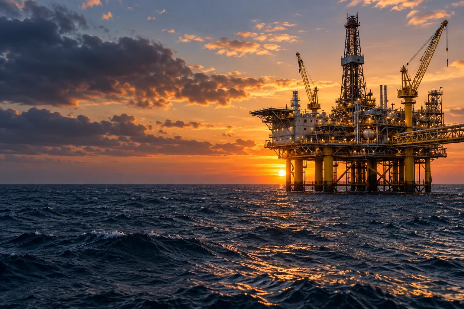 Offshore platform above the sea at sunset