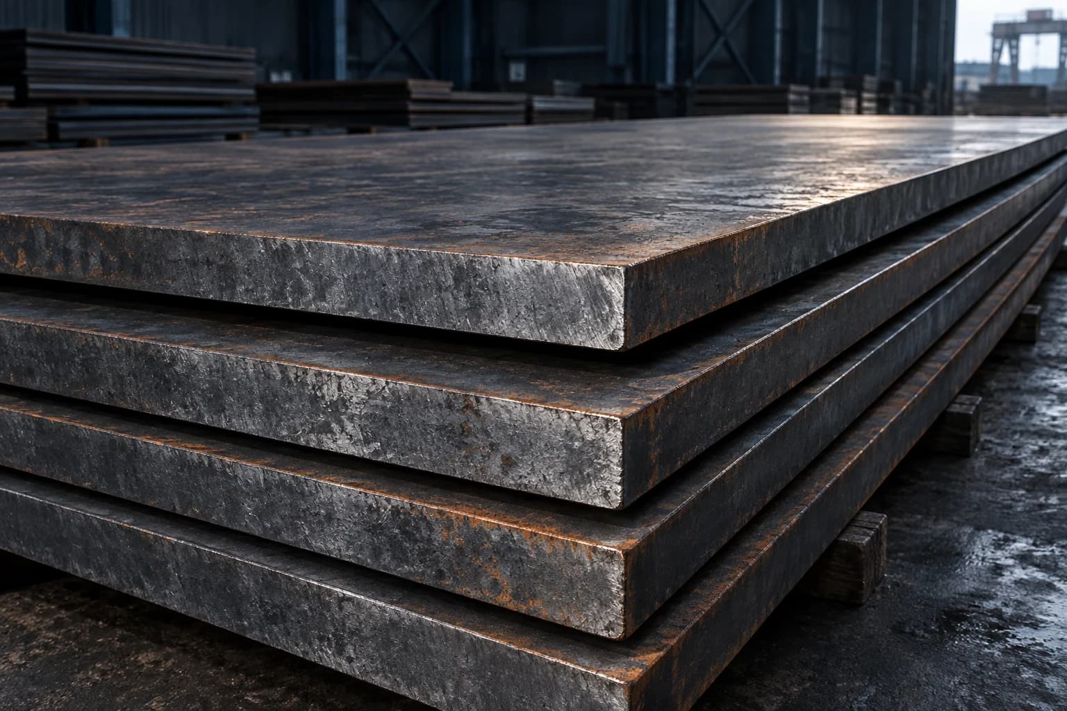 Stacked heavy steel plates with clean cut edges