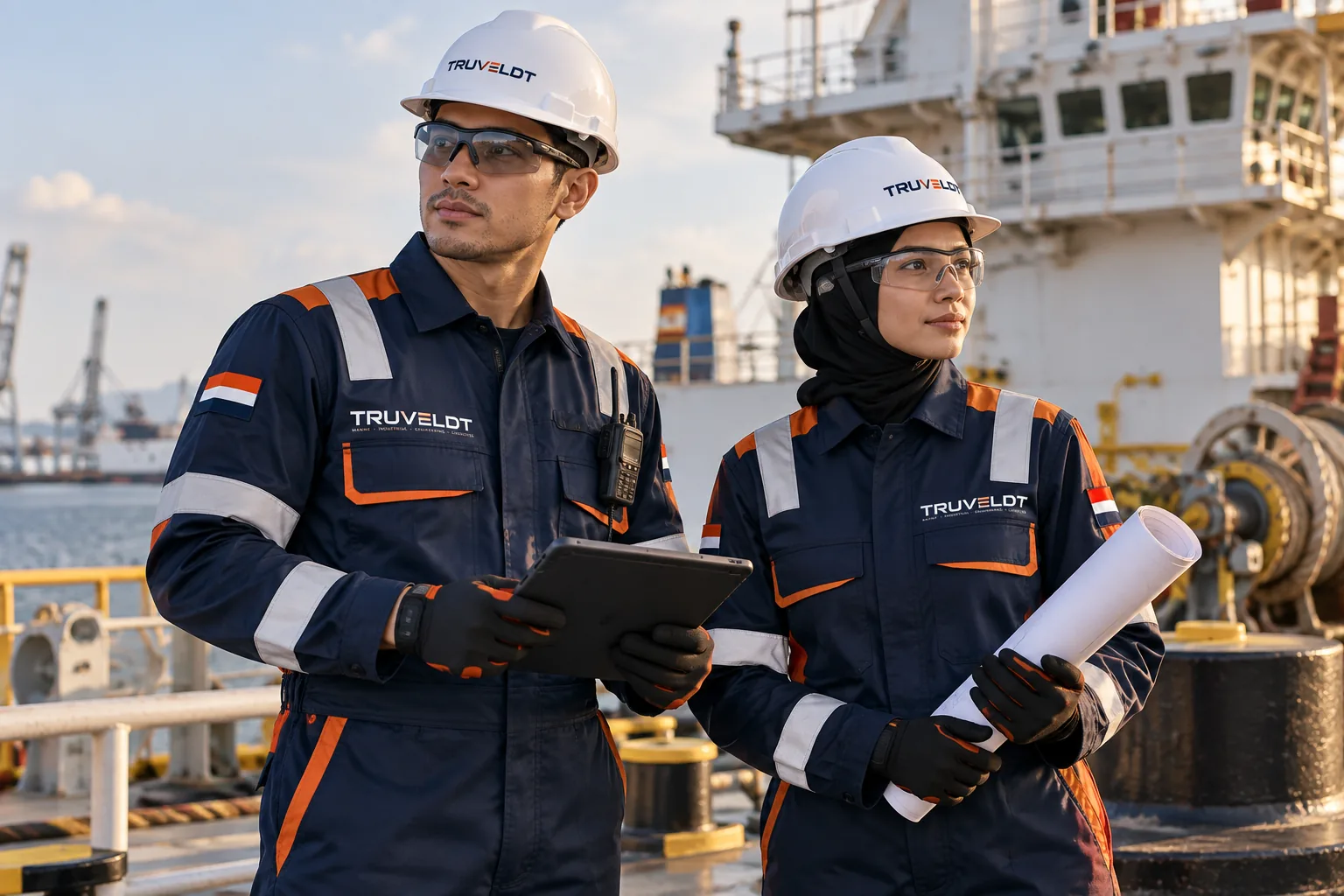 TRUVELDT team reviewing documents on a vessel deck